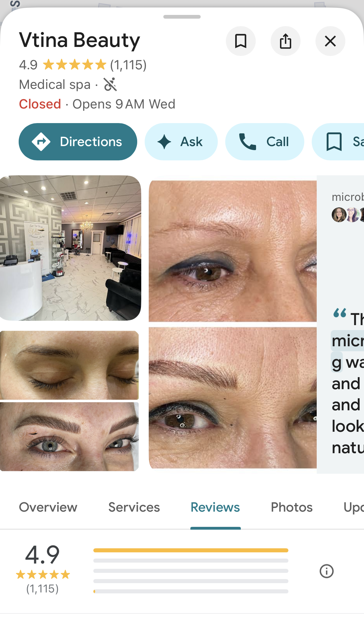 Vtina Beauty Google reviews — 4.9 stars from 1,115+ clients